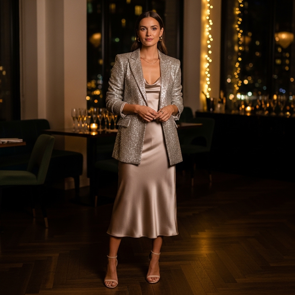 Satin Slip Dress with a Sequin Blazer