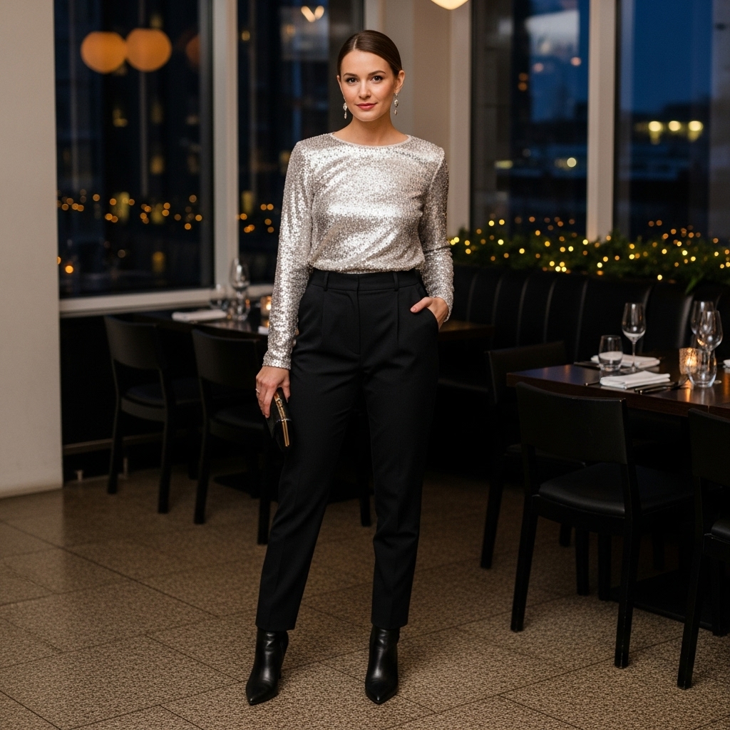 Sequin Top Paired with Tailored Trousers