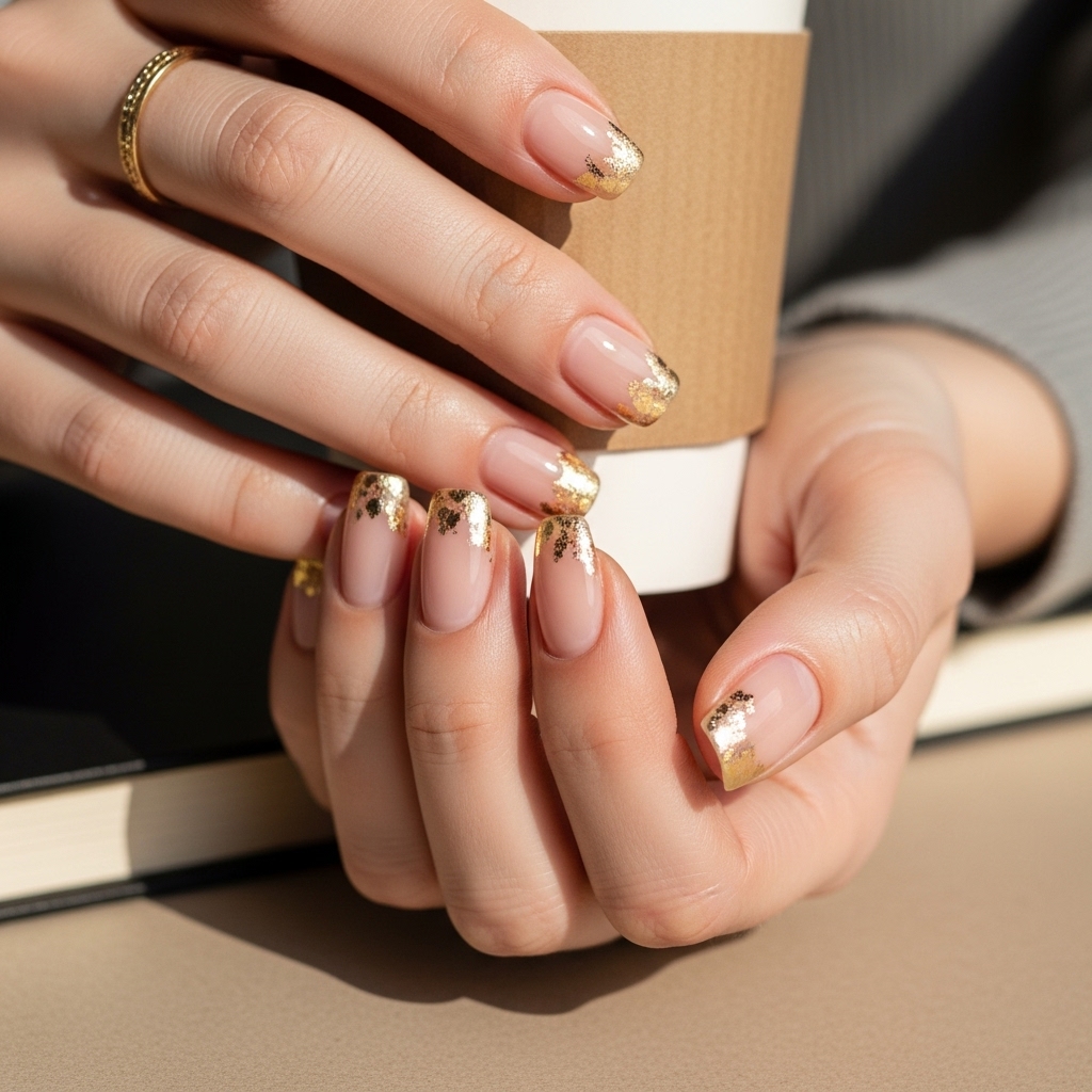  Sheer Nude Nails With Gold Foil Accents