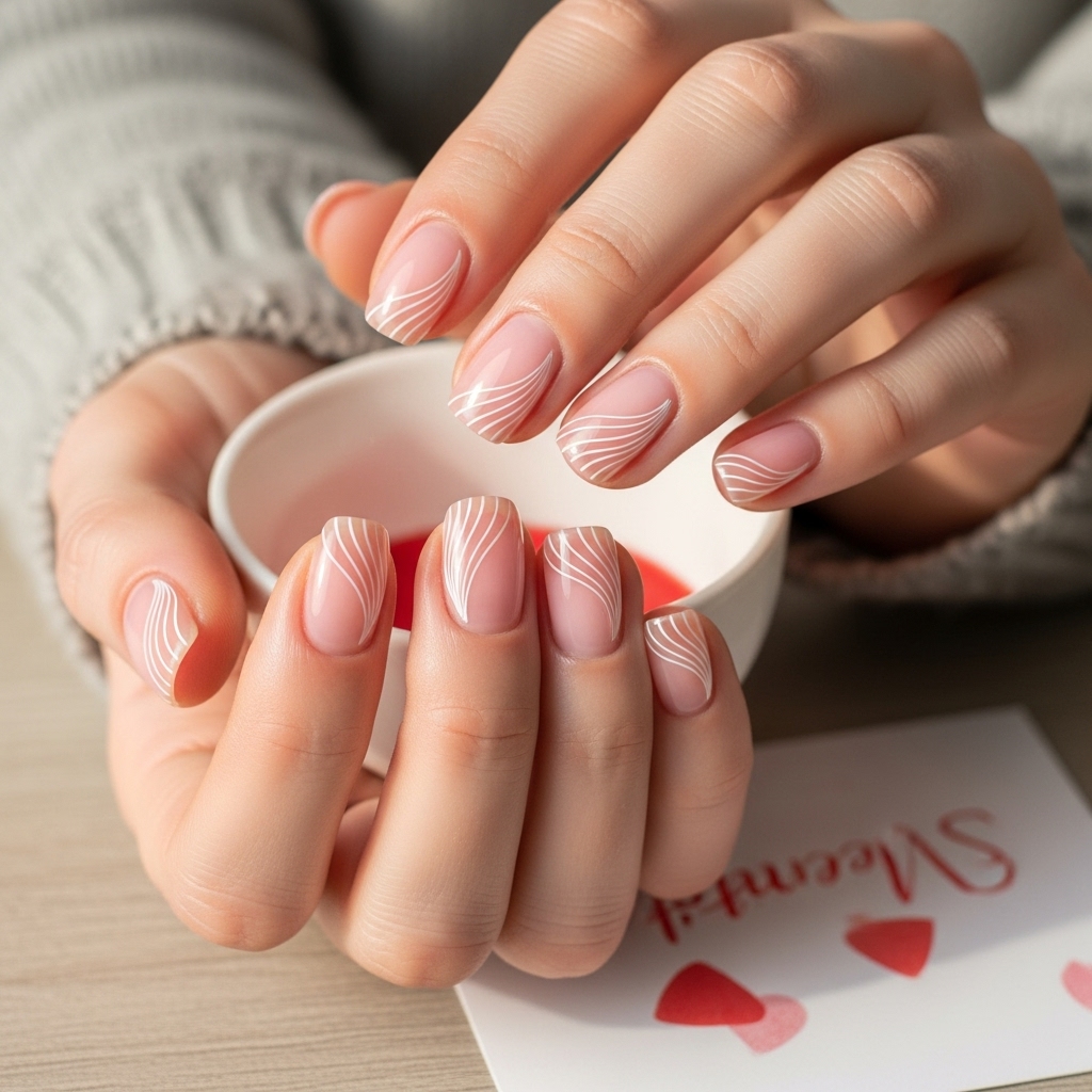 Sheer Pink Nails With White Micro-Lines
