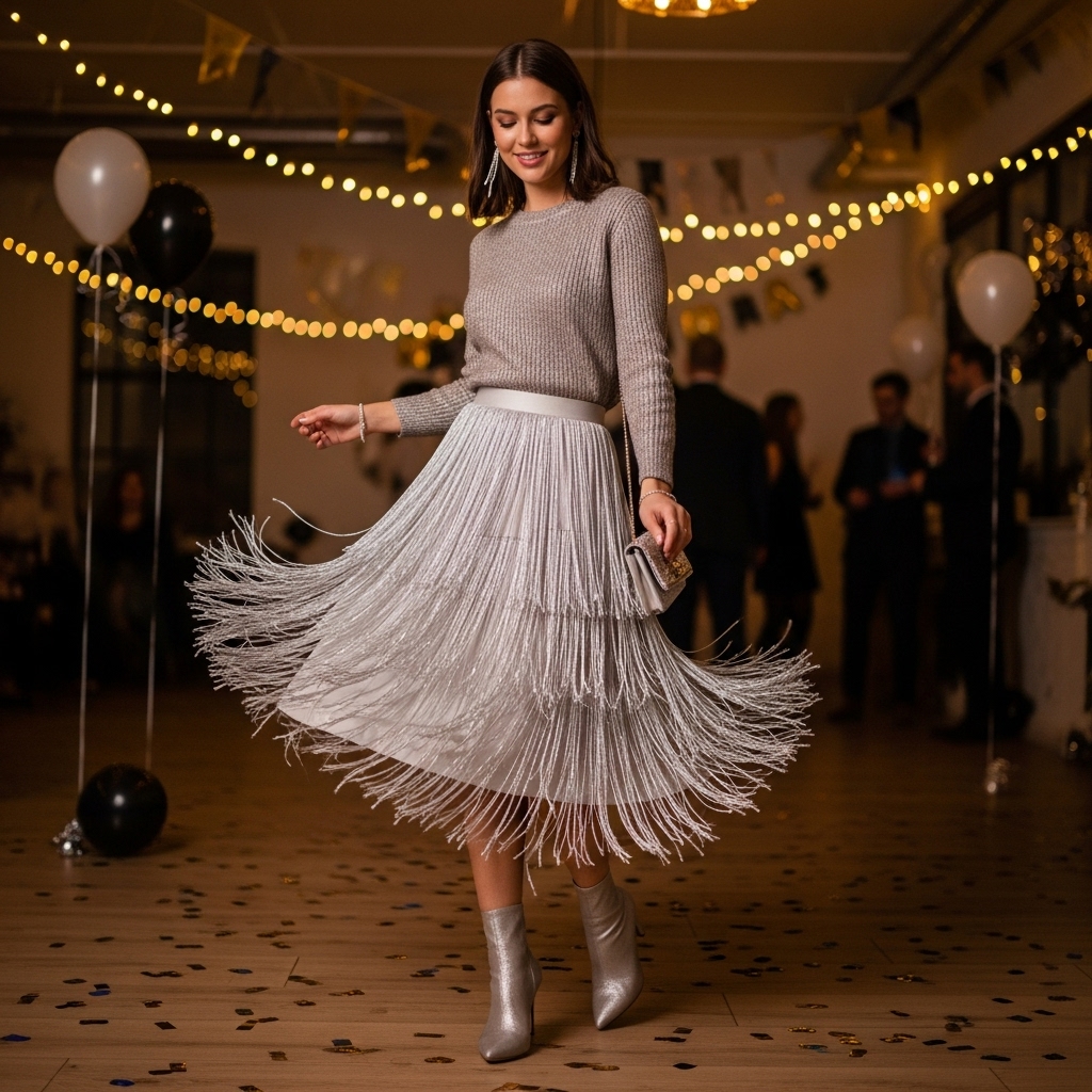 Silver Fringe Skirt with Lightweight Knit