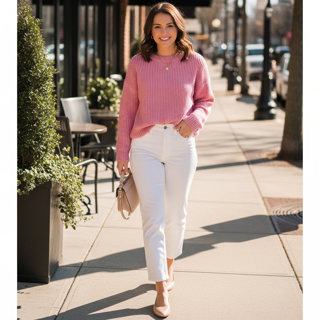 Soft Pink Knit Sweater with White Straight-Leg Jeans