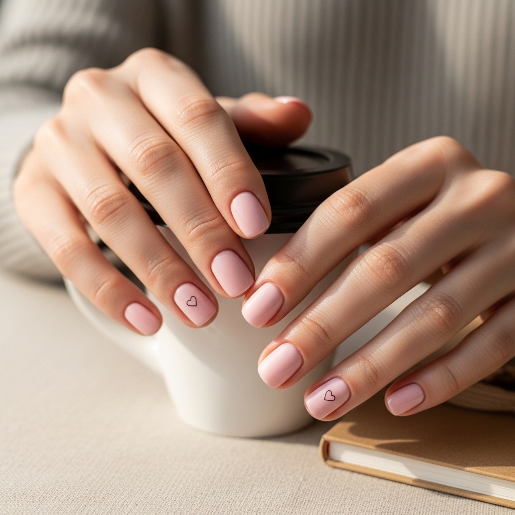 Soft Pink Nails With a Single Heart Accent