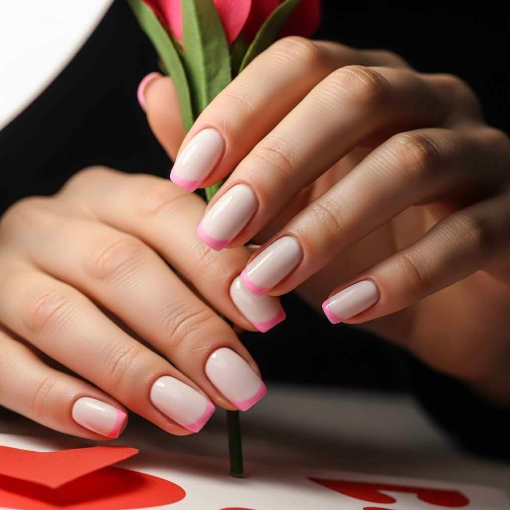 Soft White Nails With Pink Outlines