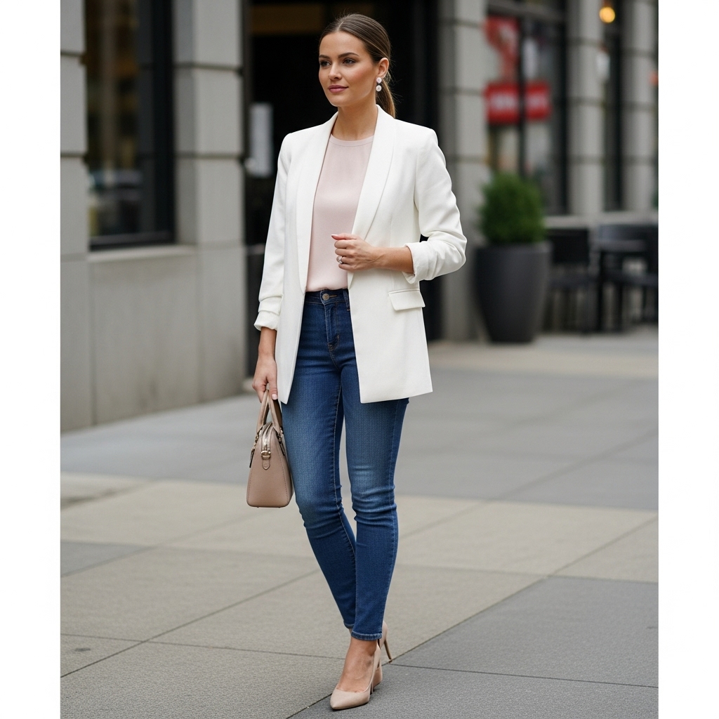 White Blazer with Blush Top and Skinny Jeans
