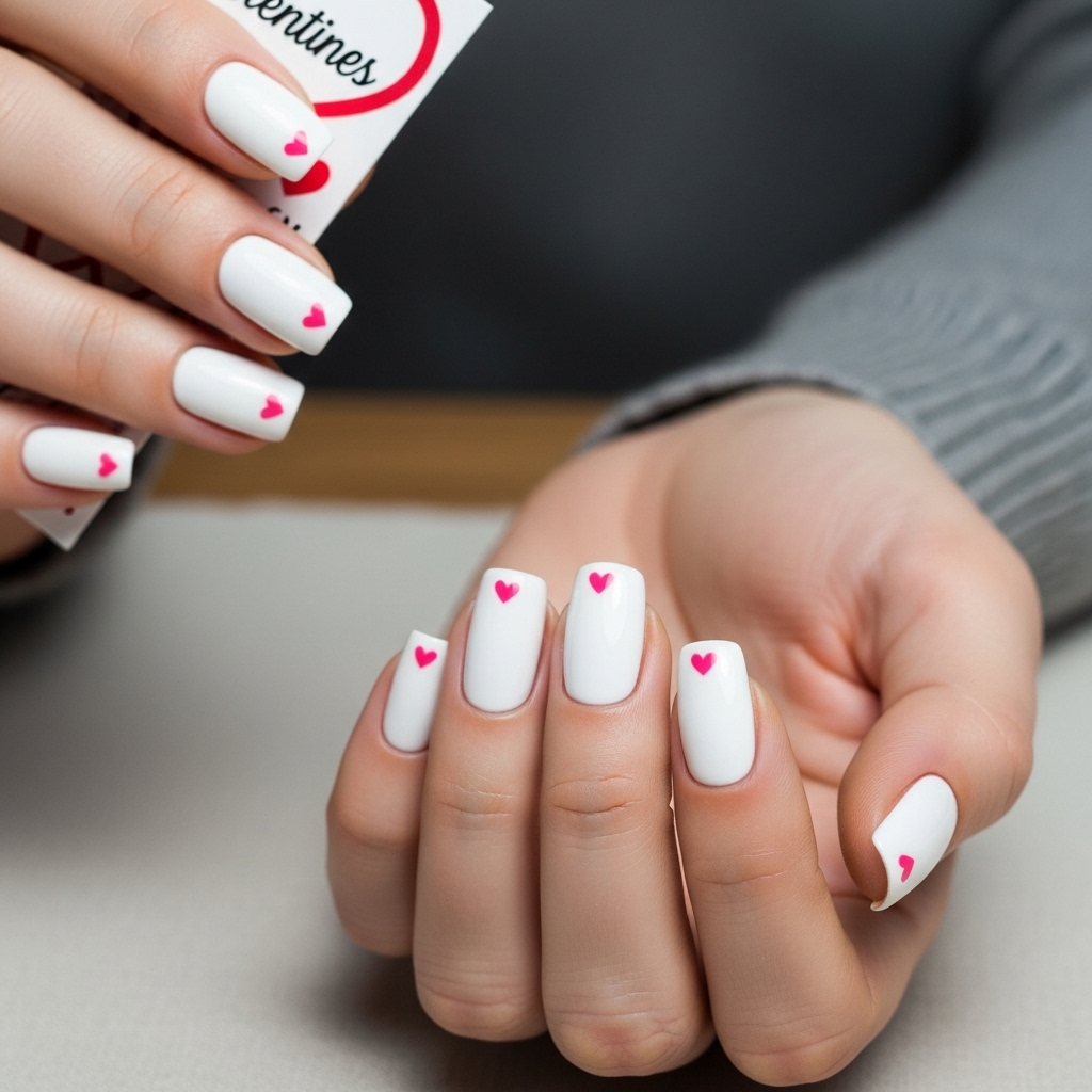 White Nails With Pink Hearts at the Tips