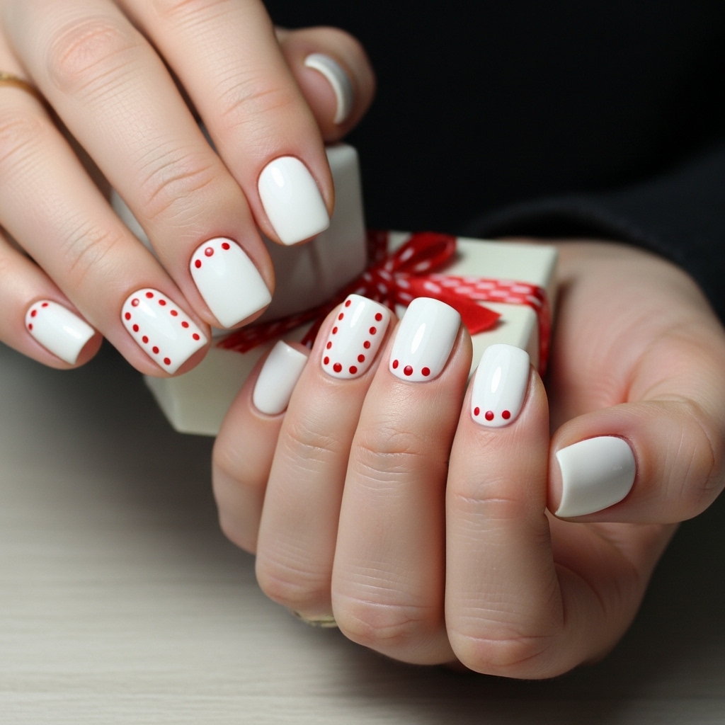 White Nails With Tiny Red Dots