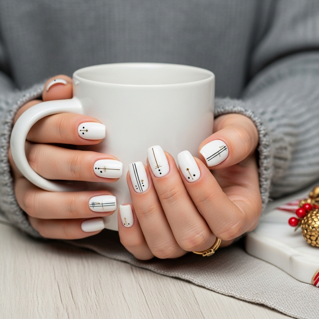 White Nails with Minimalist Art