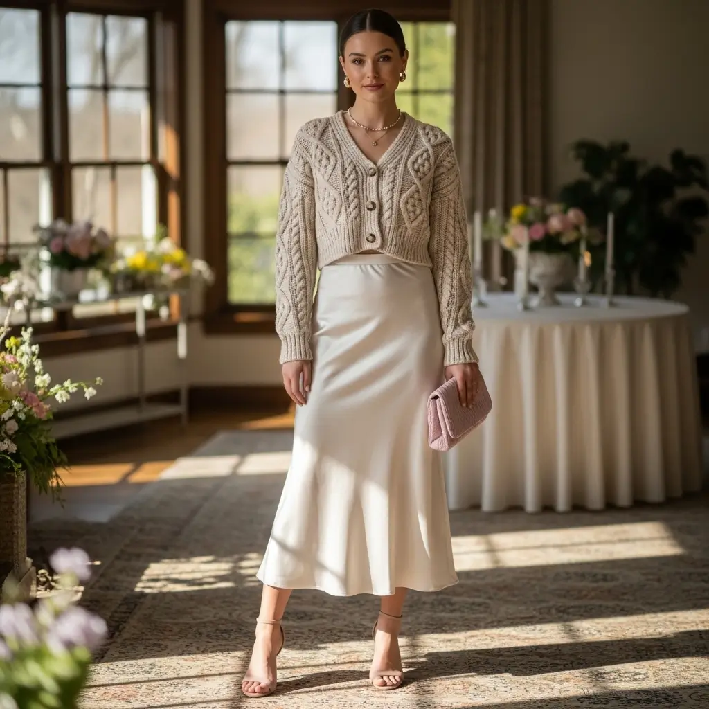 Cardigan as a Top with a Satin Skirt