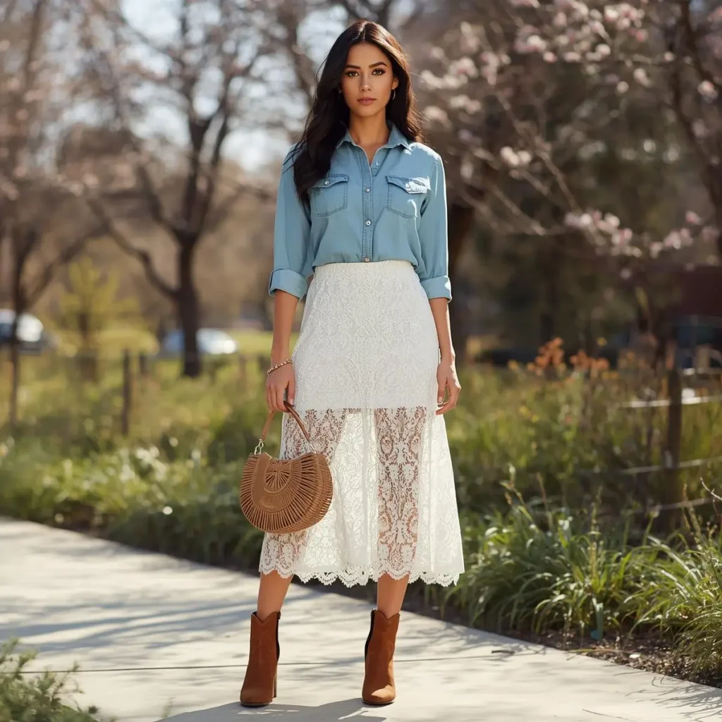Chambray Shirt and White Lace Skirt