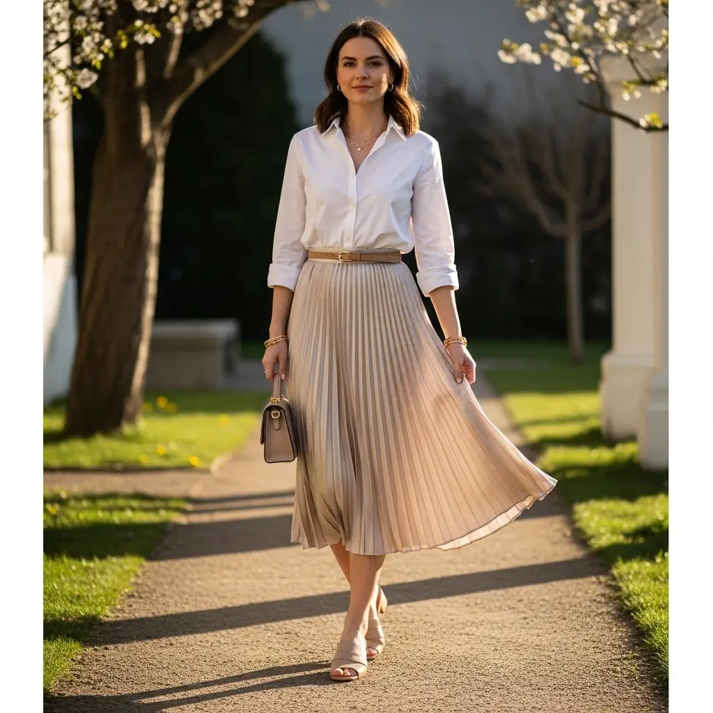 Crisp White Button-Down and Pleated Midi Skirt