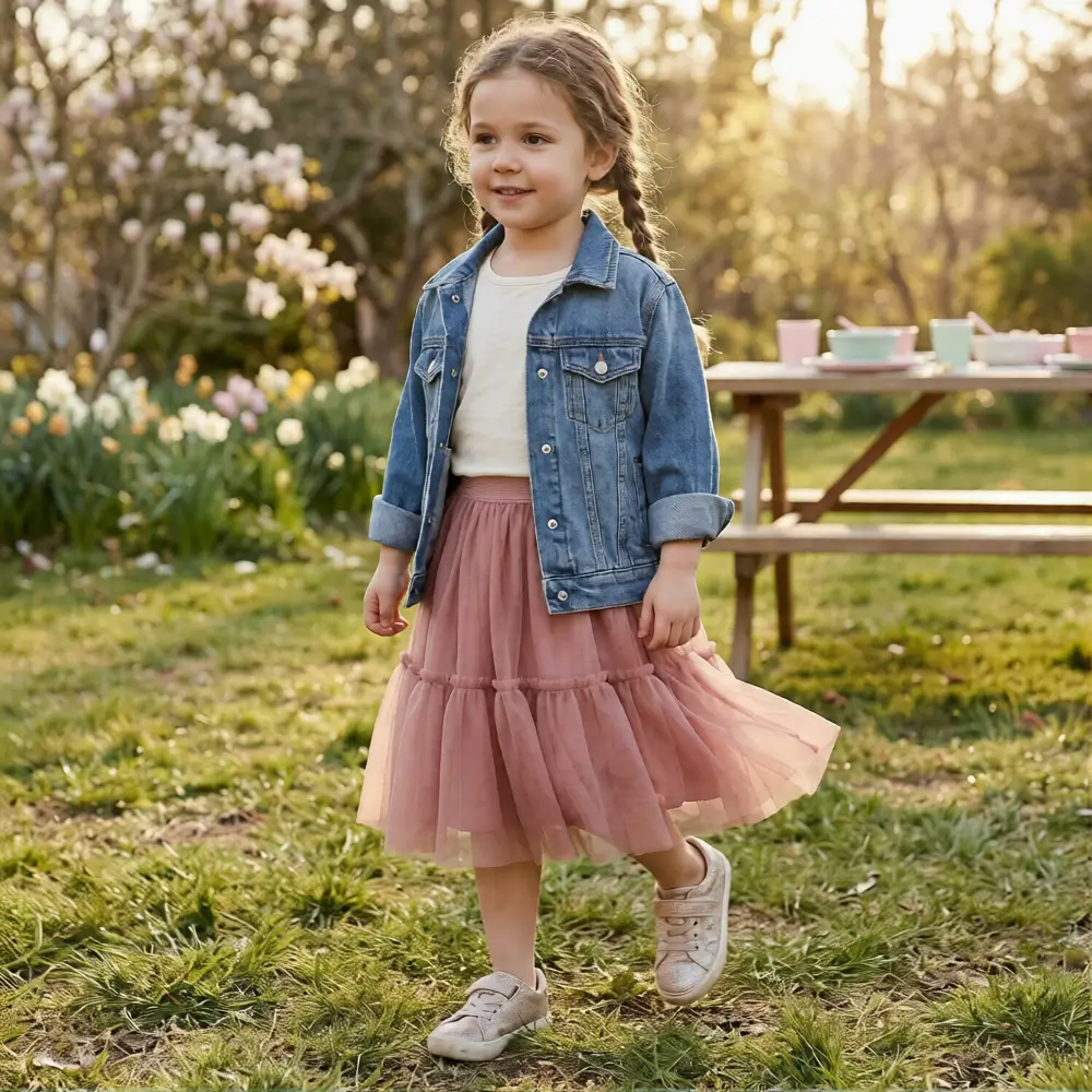 Denim Jacket over a Tiered Tulle Skirt