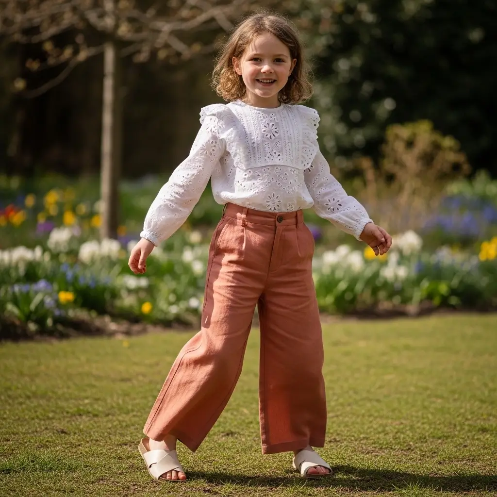 Eyelet Blouse and Wide-Leg Linen Trousers