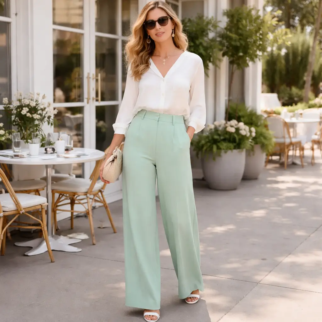 Mint Green Tailored Trousers and Silk Blouse