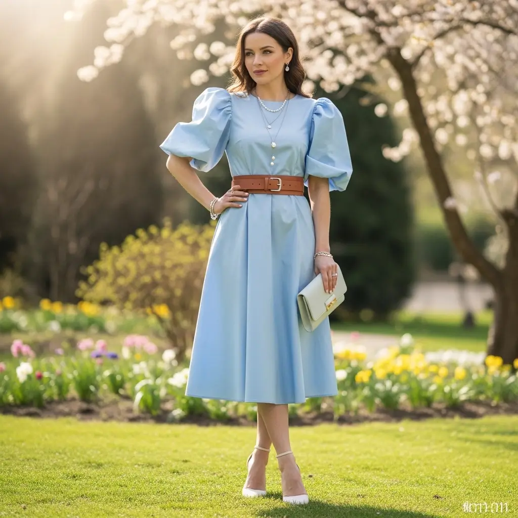 Puff-Sleeve Poplin Dress in Sky Blue