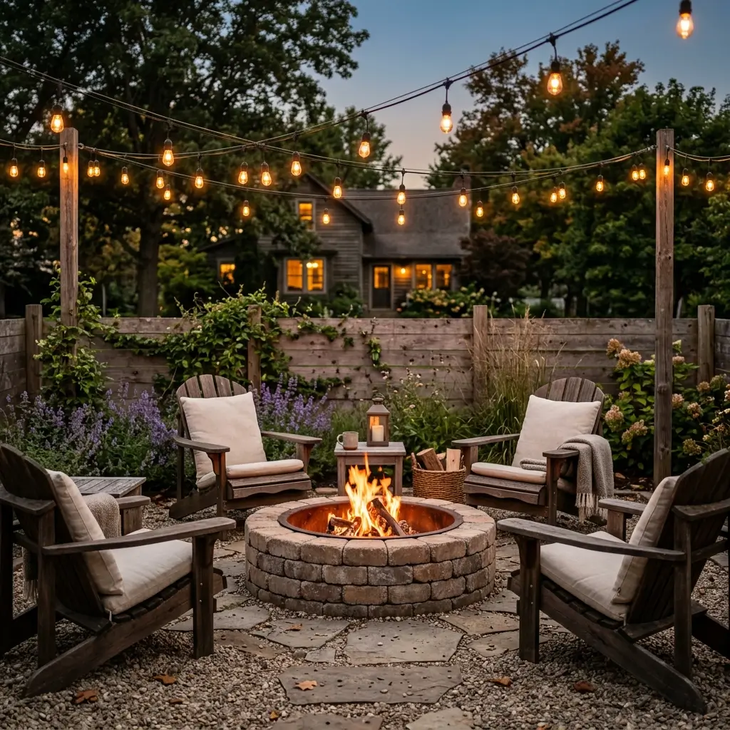 Fire Pit with String Lights