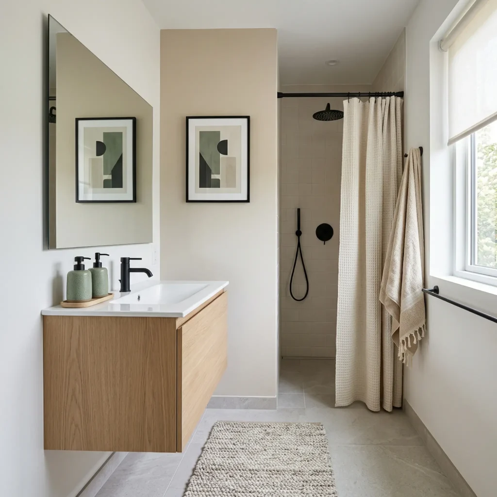 modern small bathroom remodel styled with high-impact minimalist décor