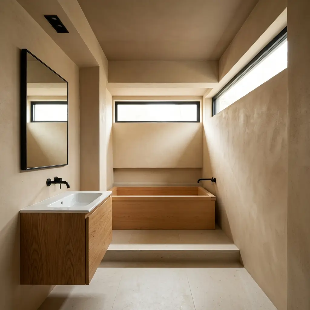 Warm neutral bathroom with matte black fixtures