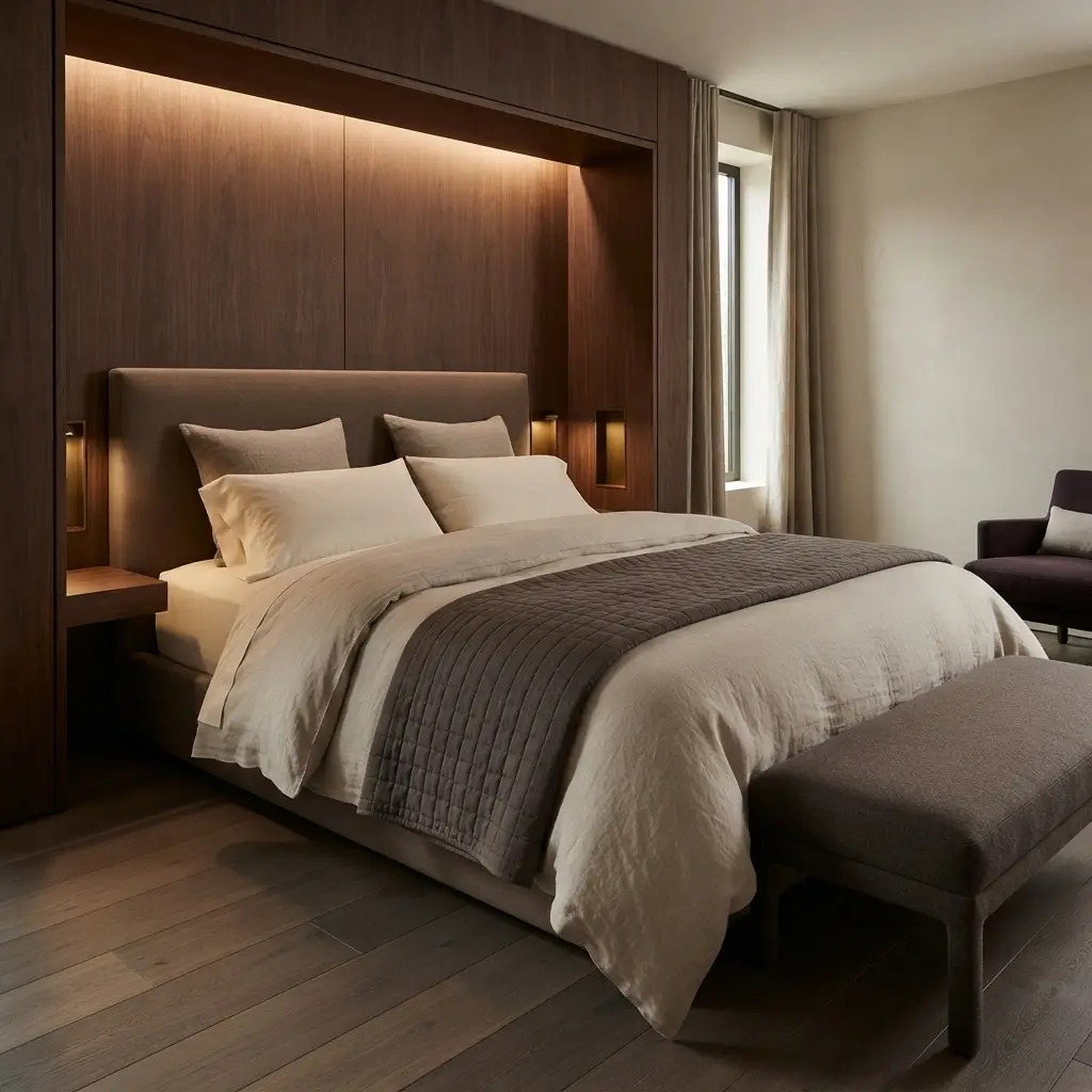 Hotel-inspired bedroom with layered white bedding