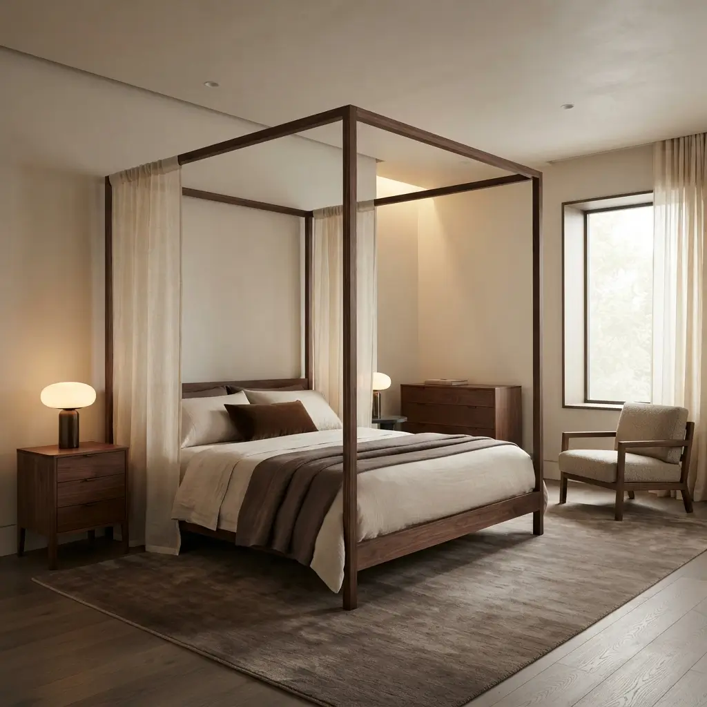 Contemporary canopy bed with light fabric drapery