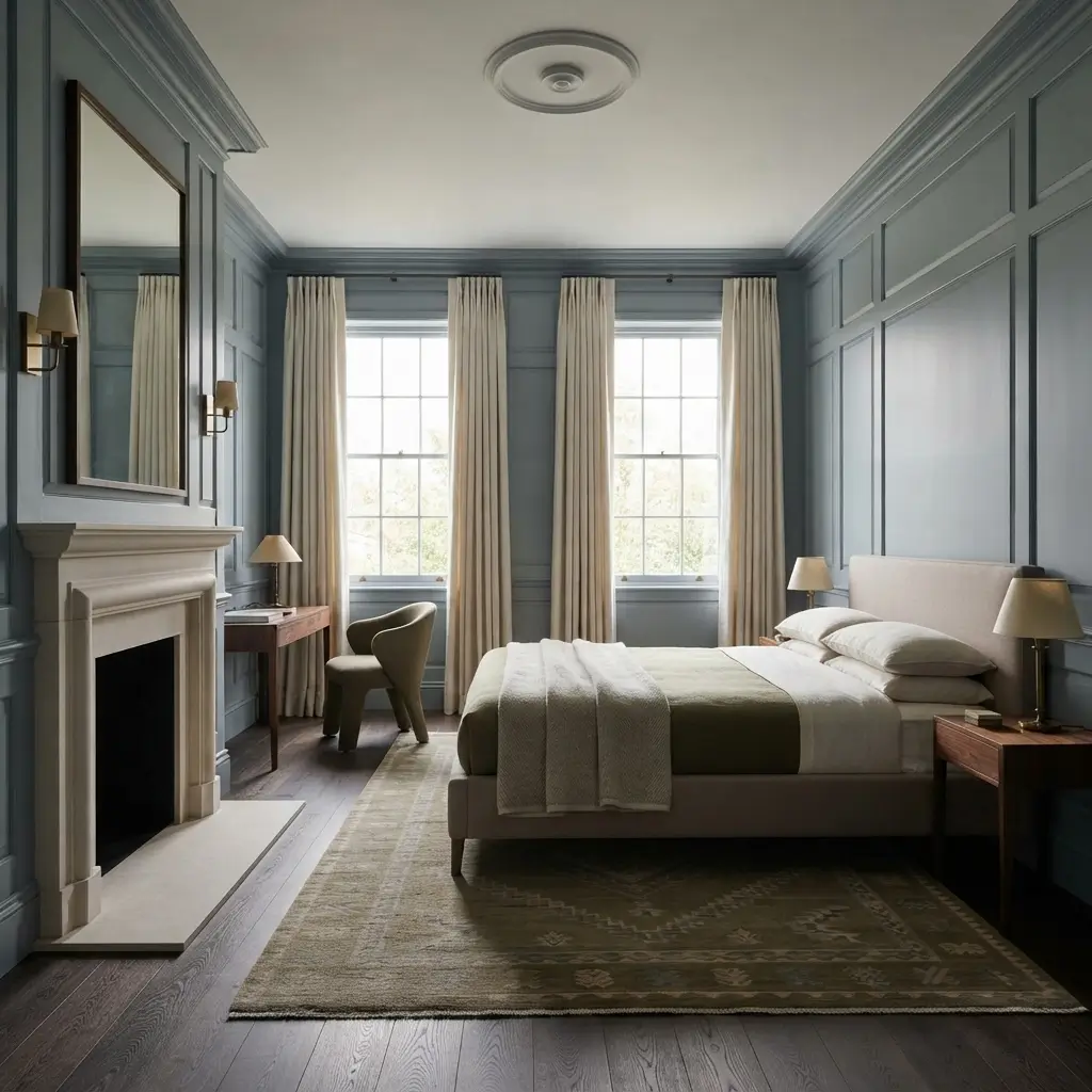 Classic bedroom with decorative wall paneling