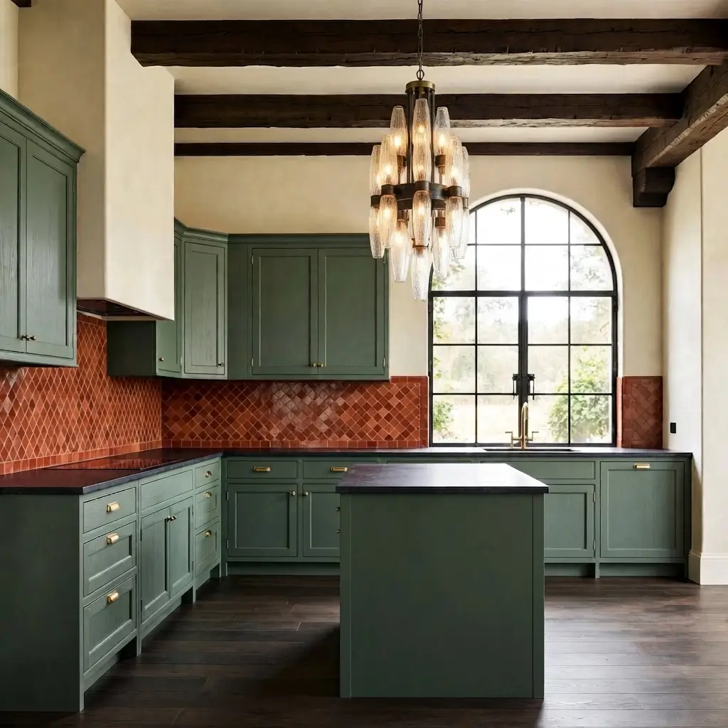 Soft cream kitchen walls paired with green cabinets