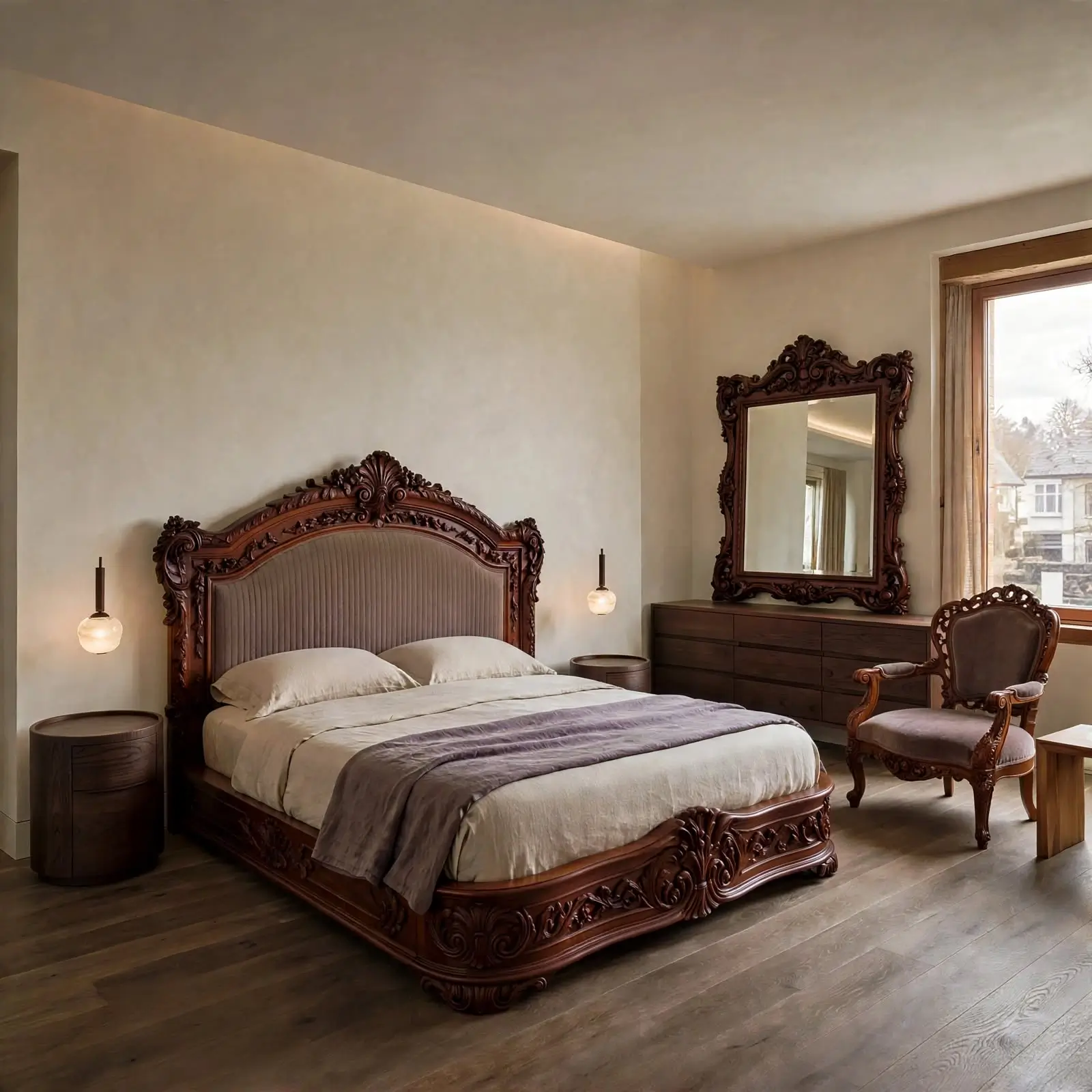 Contemporary bedroom with curved nightstands
