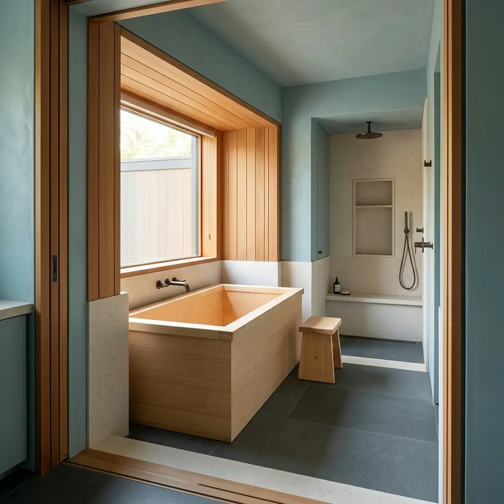 Deep soaking tub in a contemporary Japanese-inspired bathroom