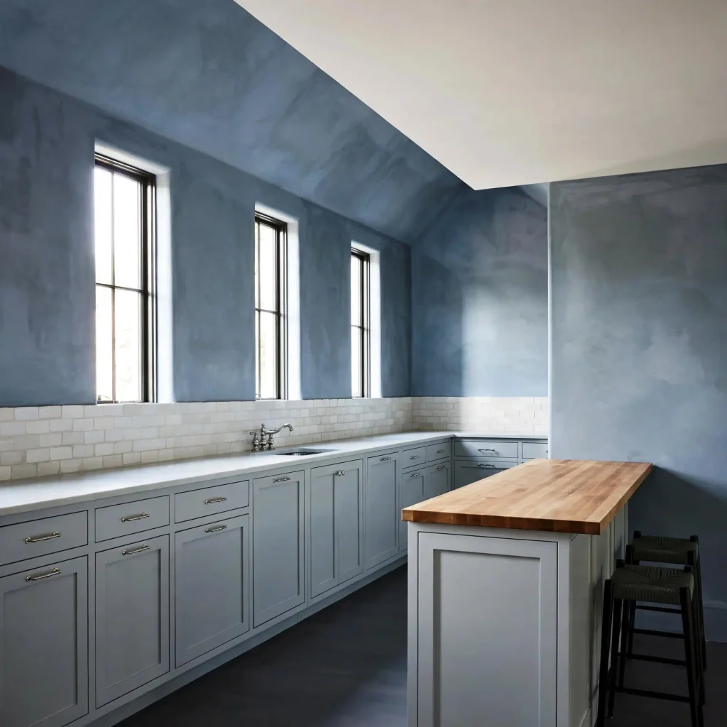 Dusty blue kitchen walls with white cabinets
