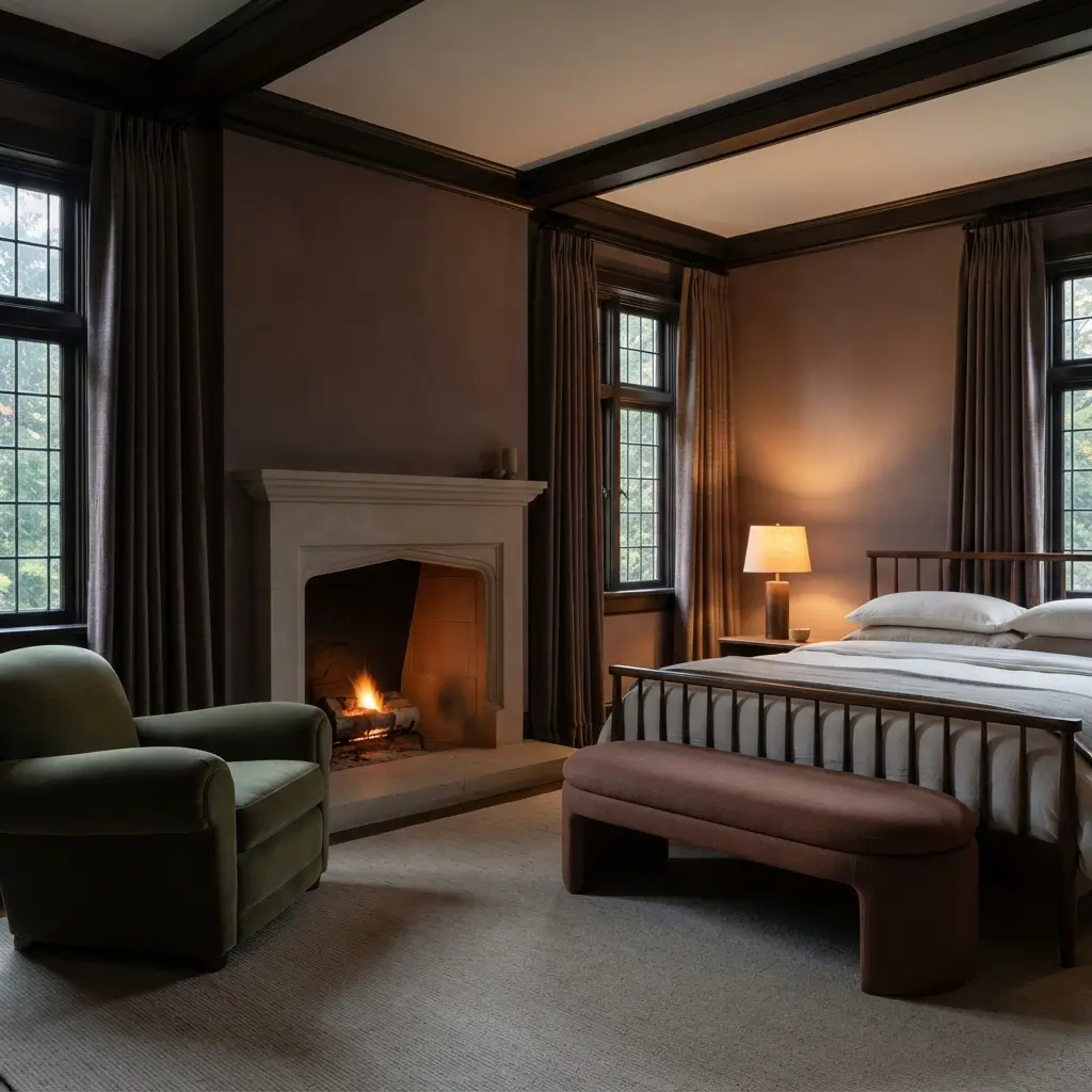 Elegant bedroom with a stone fireplace
