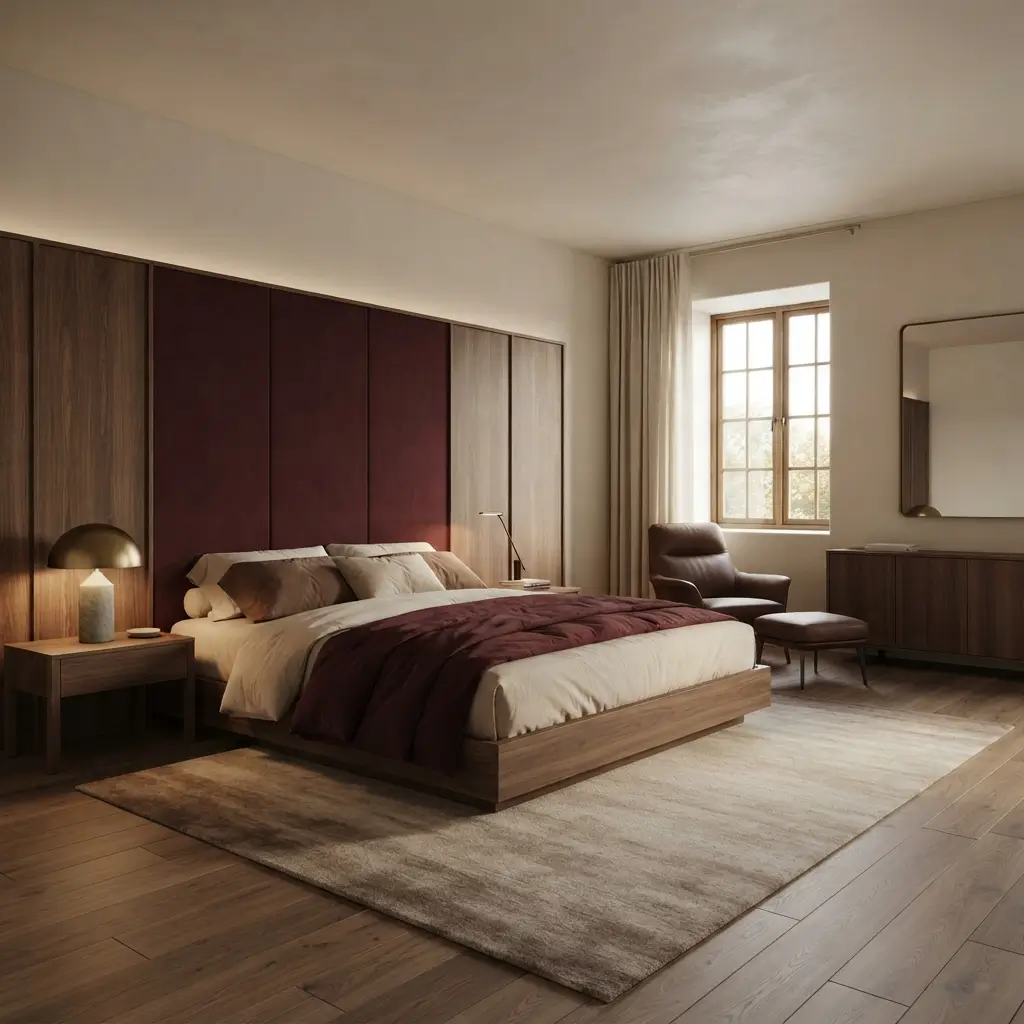 Bedroom featuring a deep burgundy upholstered headboard