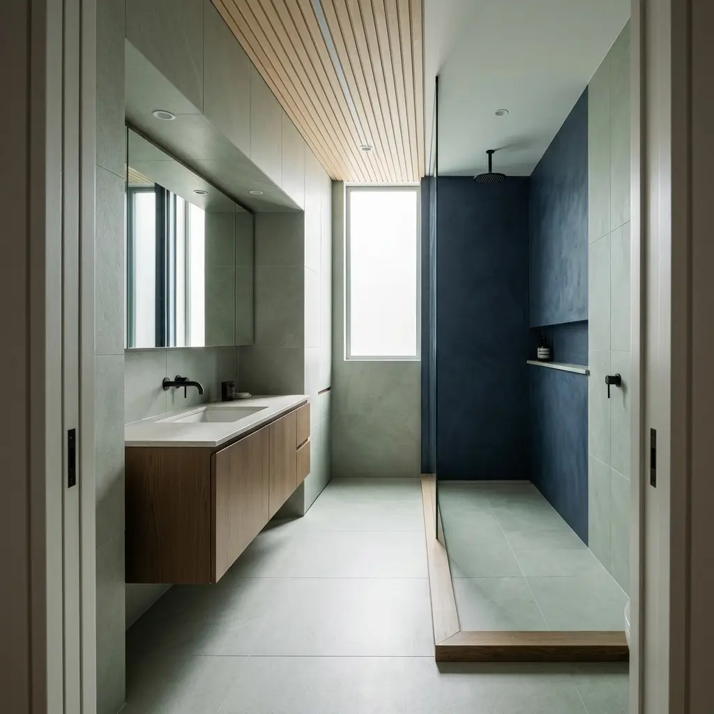 Small Japanese-inspired bathroom with a floating wood vanity
