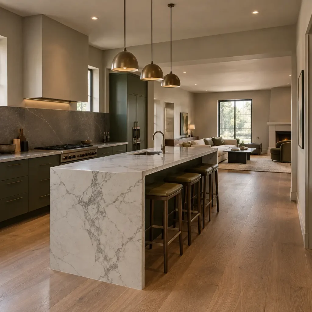 Light greige kitchen walls surrounding olive green cabinetry
