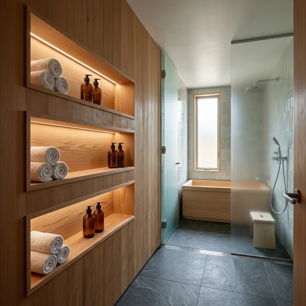 Bathroom with simple open wood shelving