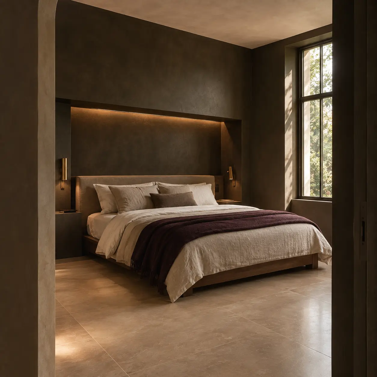 Moody bedroom with deep charcoal walls