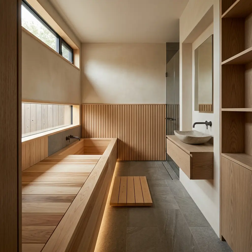 Japanese-inspired bathroom with a warm natural wood vanity, pale stone tile, and soft ambient lighting