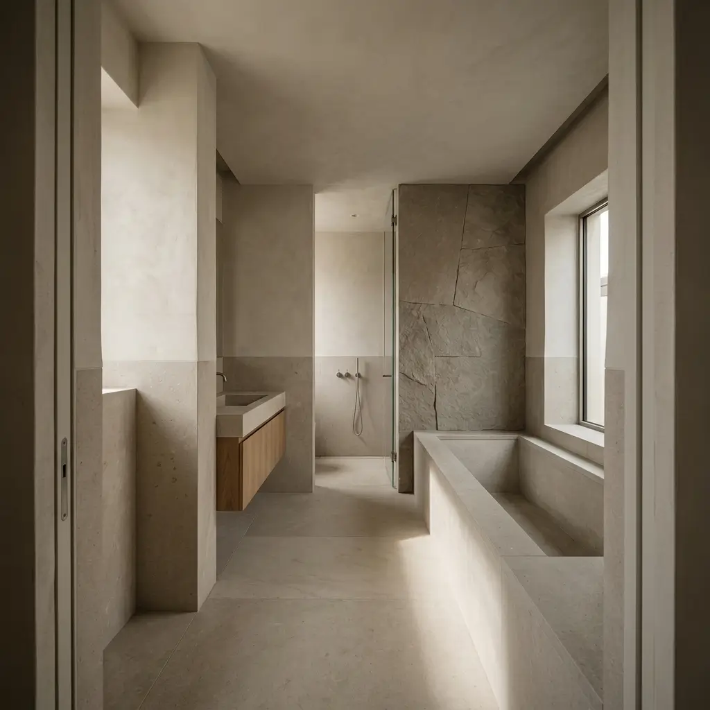 Japanese-style bathroom featuring warm white walls, soft beige tile, and natural oak accents