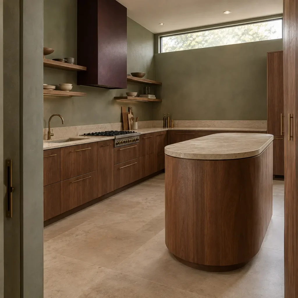 Sage green kitchen walls with natural oak cabinetry
