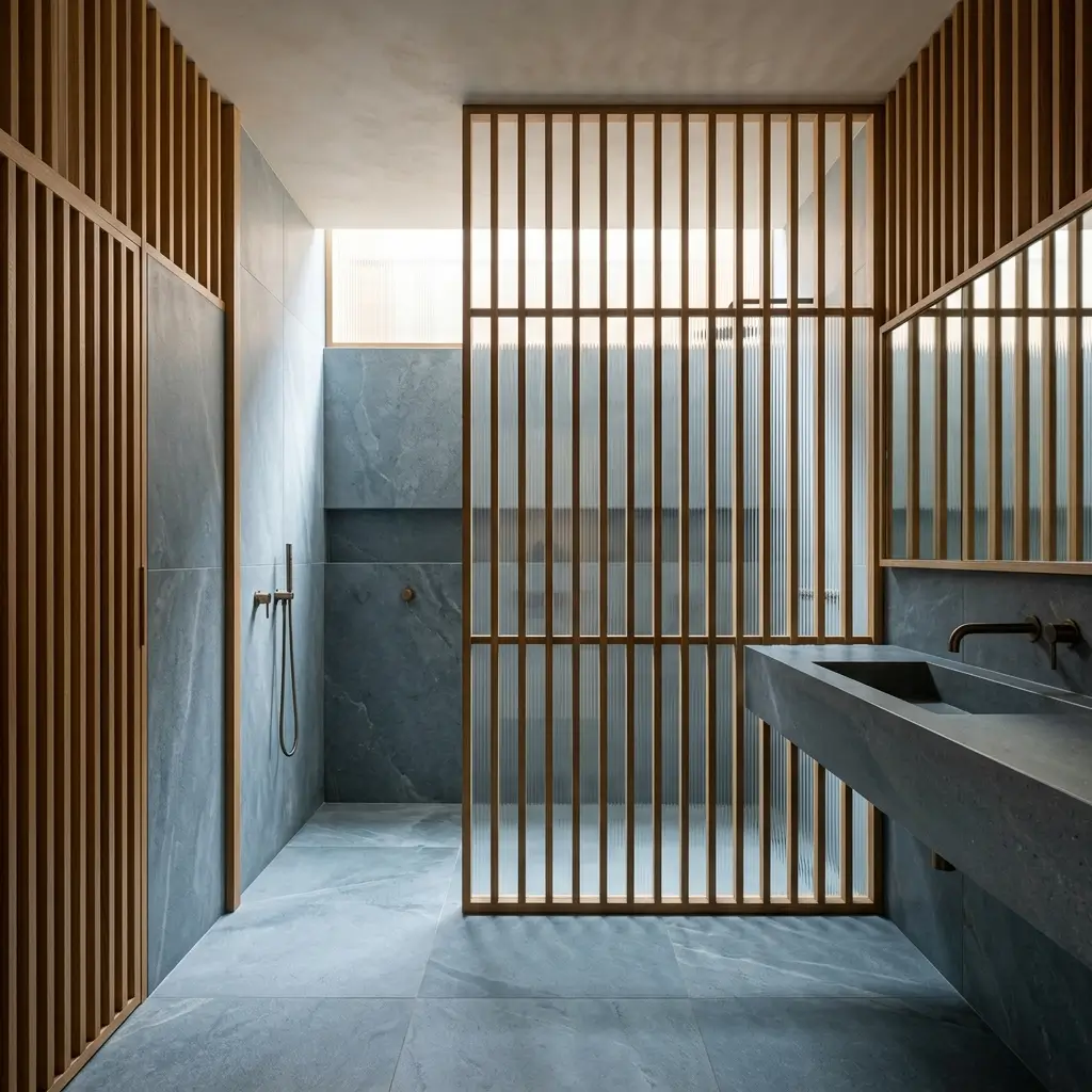 Modern Japanese-inspired bathroom with vertical wood slats