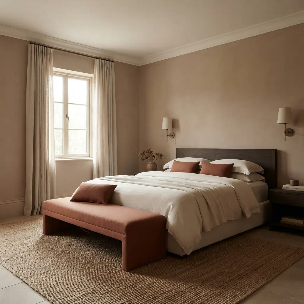Earth-toned bedroom with muted terracotta walls