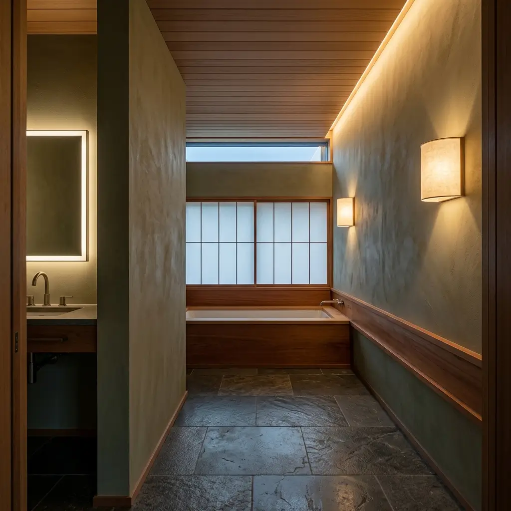 Japanese bathroom design with warm diffused lighting