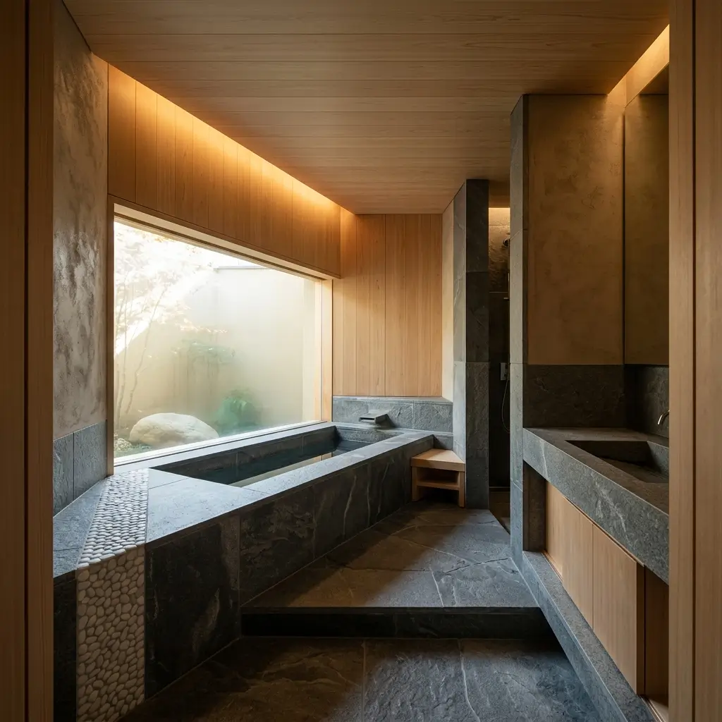 Calm bathroom combining natural wood, matte stone and soft lighting