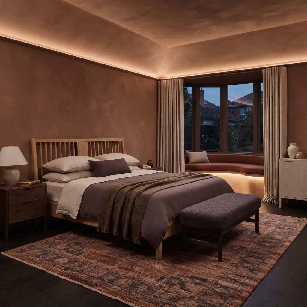 Warm bedroom combining natural oak furniture, linen bedding, wool textures, and earthy neutral finishes