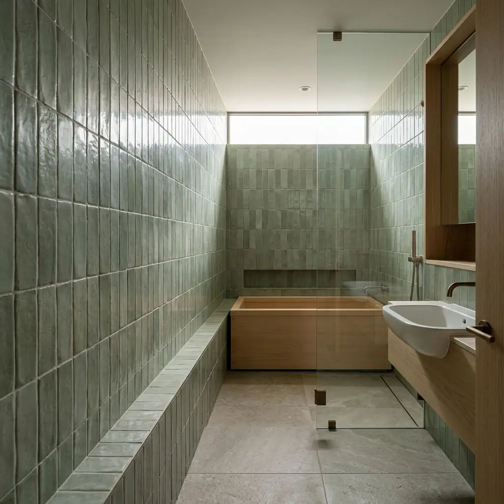 Japanese-style bathroom with softly textured cream tile