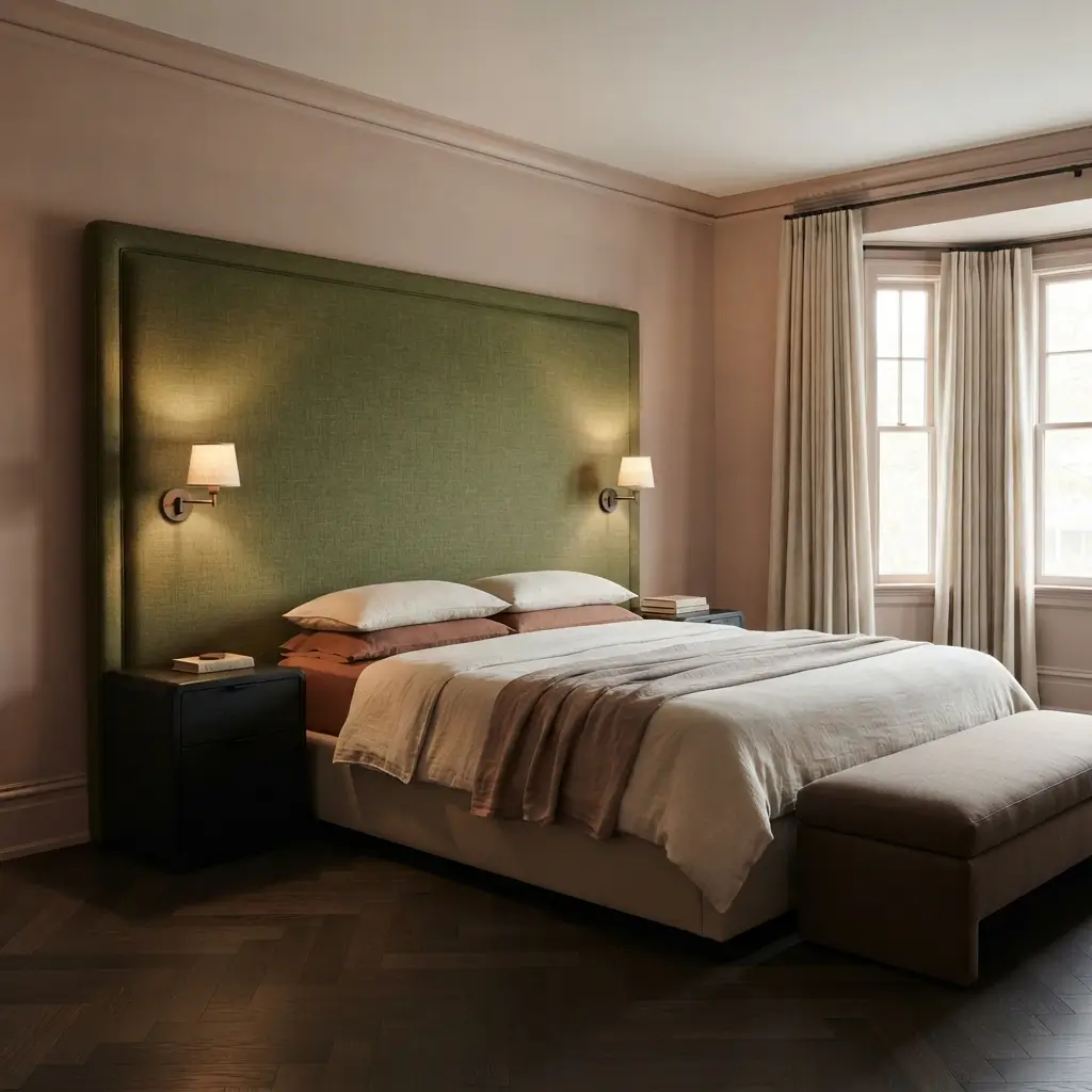 Bedroom centered on a substantial upholstered headboard