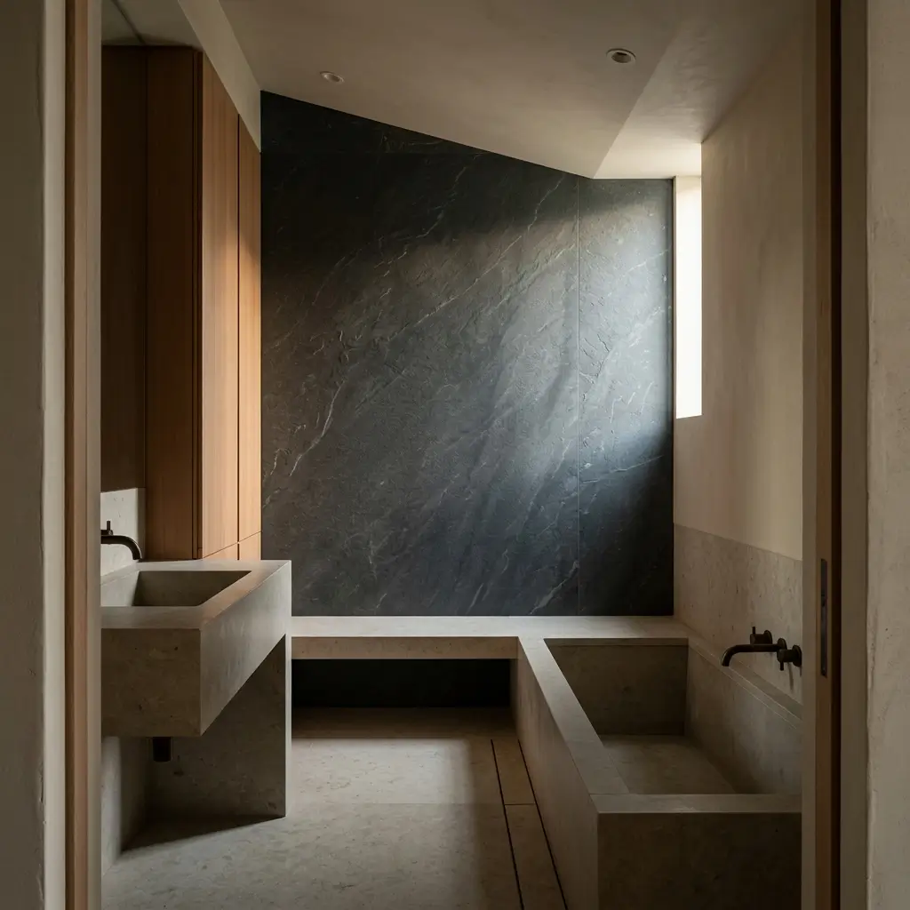 Bathroom with matte stone-look surfaces, subtle mineral texture, and warm wood details inspired by Japanese design