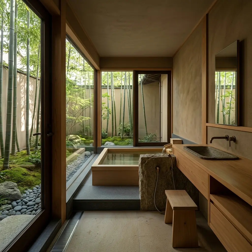 Japanese-inspired bathroom with a window overlooking greenery,