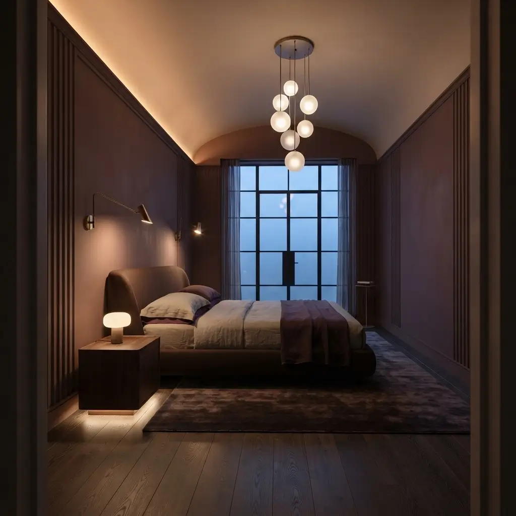 Bedroom with layered bedside sconces, pendant lighting, and warm ambient illumination creating a soft evening atmosphere