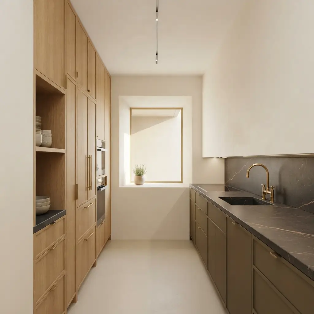 Warm white kitchen walls with natural oak cabinets