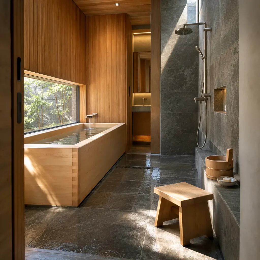 minimalist shower with neutral tile and natural materials